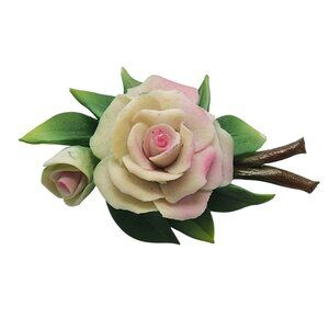 Vintage Porcelain Rose Brooch Pink Cream With Green Leaves